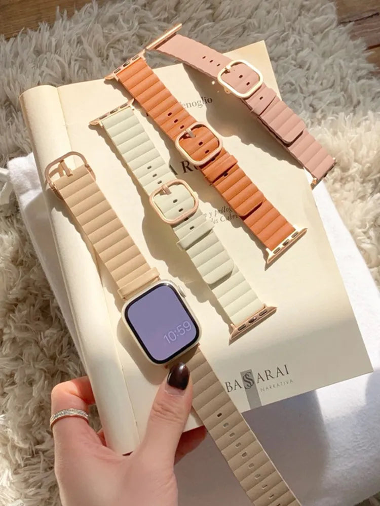 Gentle Wavy Square Buckle Soft Leather Strap For Apple Watch 8 7 6 5 4 3 2 Korea Girl Band For iwatch 41mm 38mm 40mm 42 44 45 49