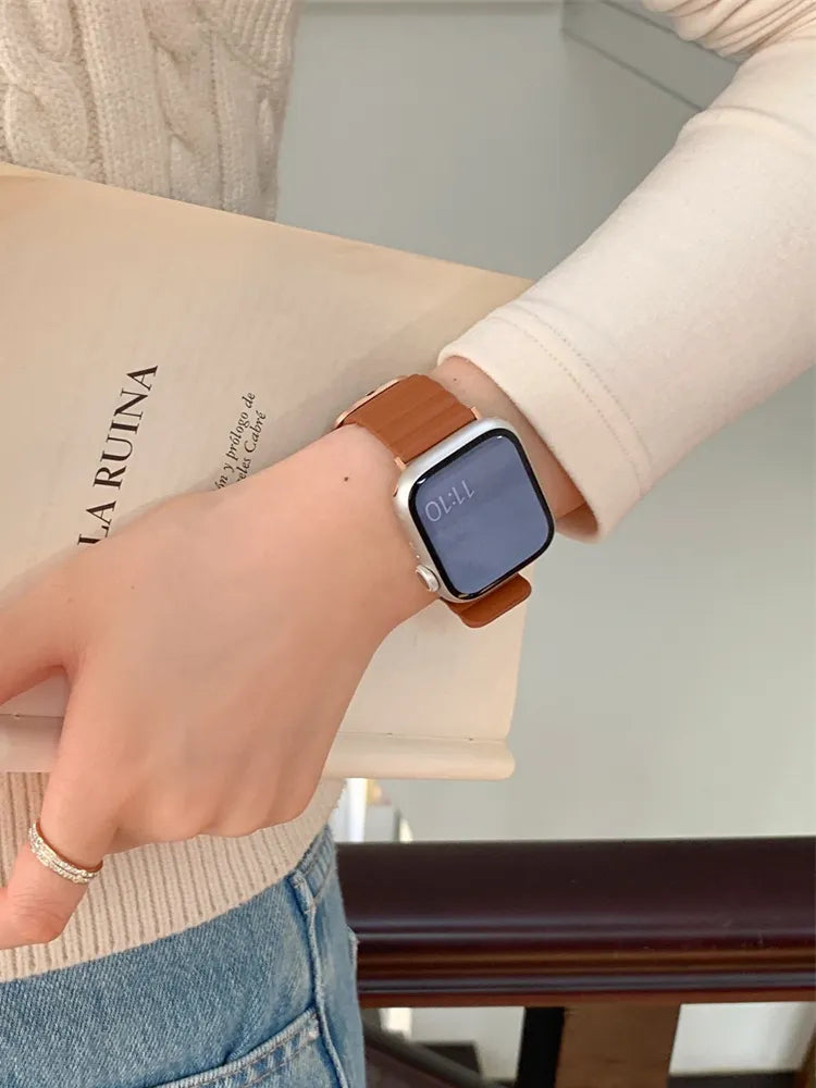 Gentle Wavy Square Buckle Soft Leather Strap For Apple Watch 8 7 6 5 4 3 2 Korea Girl Band For iwatch 41mm 38mm 40mm 42 44 45 49