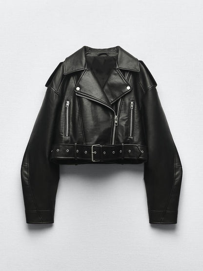 Viral Zara Inspired Women Vintage Loose Vegan Faux Leather Short Jacket with Belt Streetwear Female Zipper Retro Moto Biker Coat Outwear Tops Molly Mae