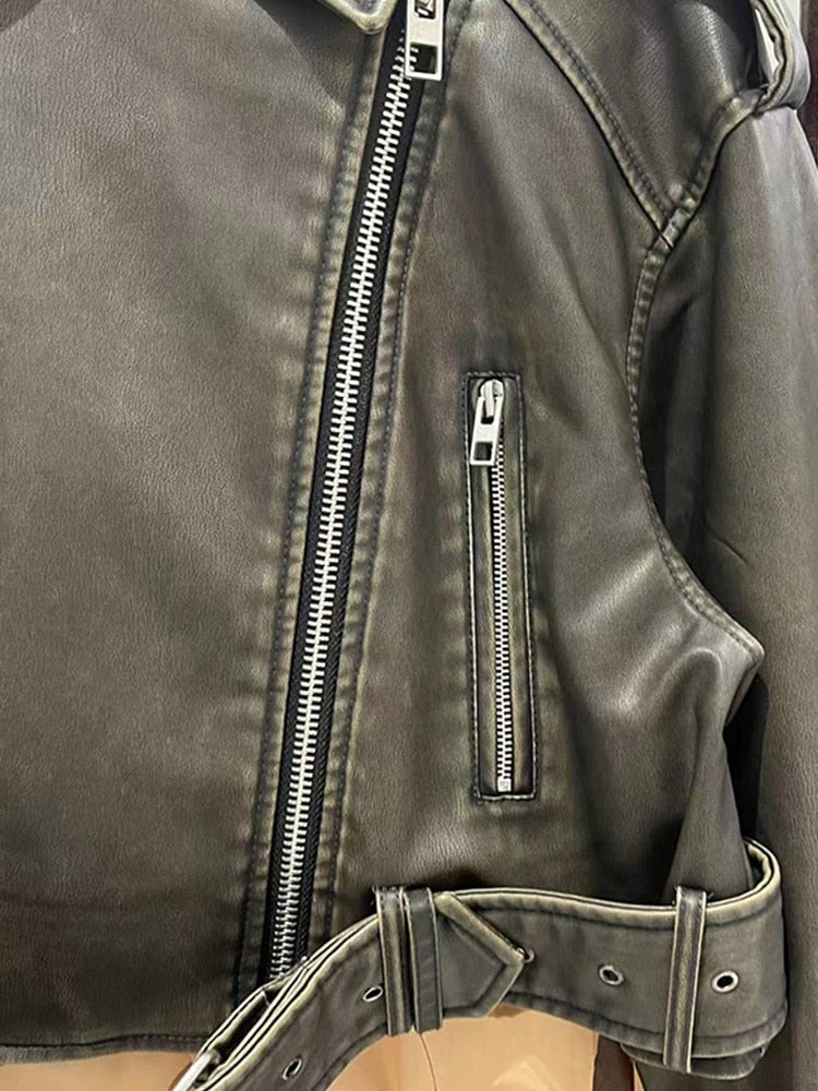Viral Leather Jacket as seen on Molly Mae Zara Style Women Vintage Loose Vegan Leather Short Jacket with Belt Streetwear Female Zipper Retro Moto Biker Coat Outwear Tops